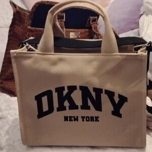 DKNY Tan Canvas Tote with Black Lettering NWT Guitar Strap Structured